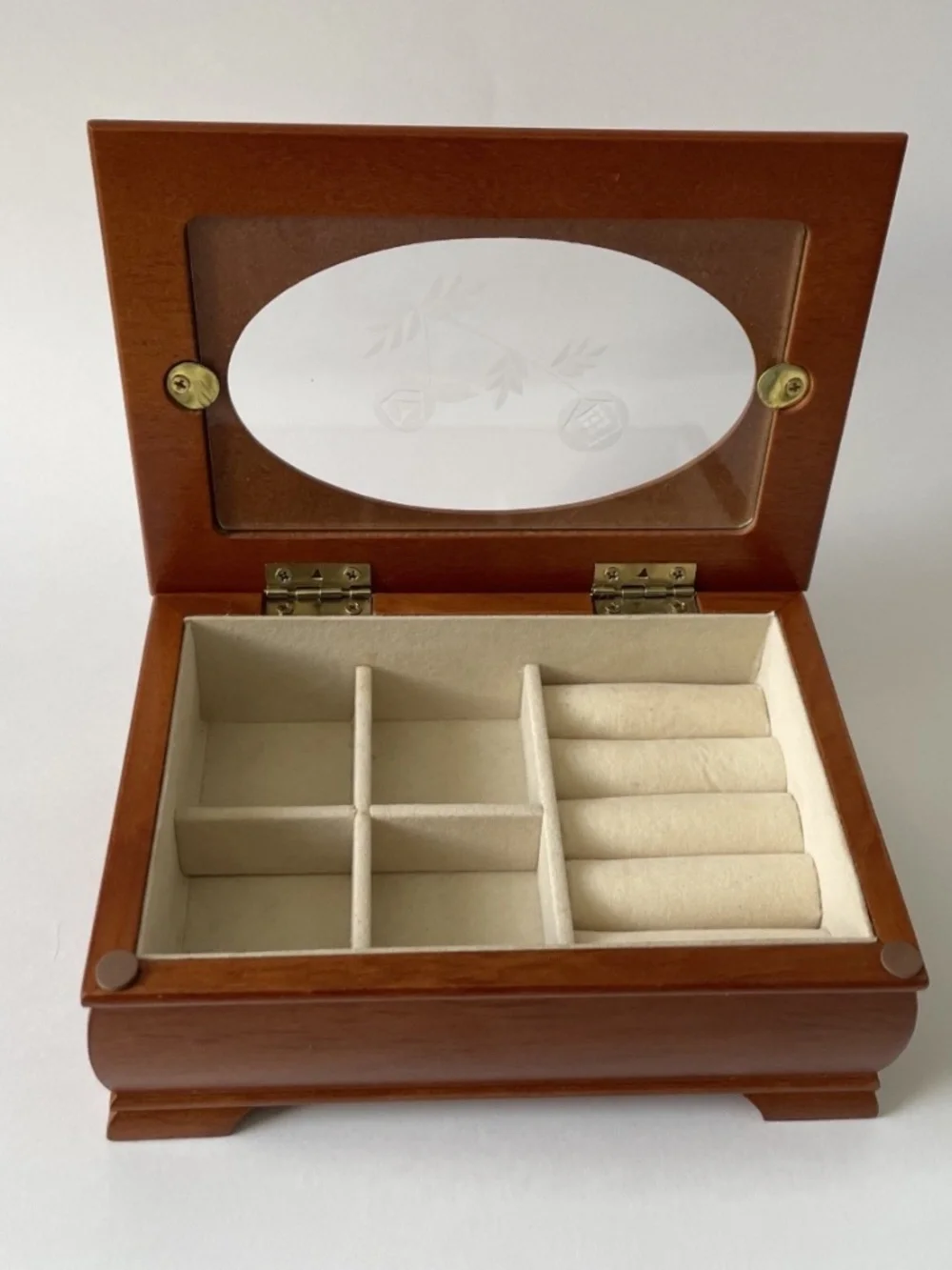 Vintage Small Wood Jewelry Box Glass Lid Etched Flower Design Trinket Box